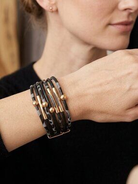 Black & Gray Faux Leather Multi-Layer Wrap Bracelet with Gold-Tone Clasp